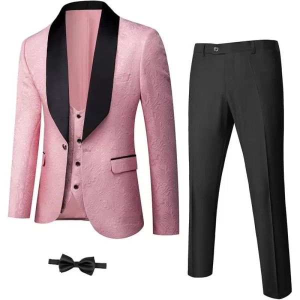 YND Mens 3 Piece Slim Fit Tuxedo Set Solid Shawl Collar Jacquard Jacket Vest Pants with Bow TiePink