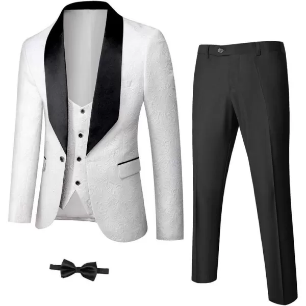 YND Mens 3 Piece Slim Fit Tuxedo Set Solid Shawl Collar Jacquard Jacket Vest Pants with Bow TieWhite