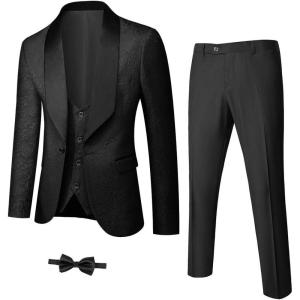 imageYND Mens 3 Piece Luxury Tuxedo Set Jacquard Slim Fit Shawl Lapel Jacket Vest ampamp Pants with Bow Tie Premium Tuxedo for MenBlack