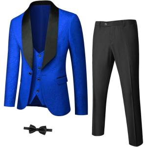 imageYND Mens 3 Piece Luxury Tuxedo Set Jacquard Slim Fit Shawl Lapel Jacket Vest ampamp Pants with Bow Tie Premium Tuxedo for MenBlue