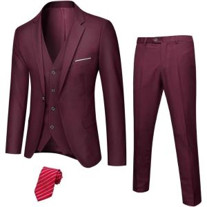 imageYND Mens 3 Piece Luxury Tuxedo Set Jacquard Slim Fit Shawl Lapel Jacket Vest ampamp Pants with Bow Tie Premium Tuxedo for MenBurgundy Stretch Fabric