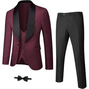 imageYND Mens 3 Piece Luxury Tuxedo Set Jacquard Slim Fit Shawl Lapel Jacket Vest ampamp Pants with Bow Tie Premium Tuxedo for MenDeep Burgundy