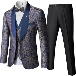 imageYND Mens 3 Piece Luxury Tuxedo Set Jacquard Slim Fit Shawl Lapel Jacket Vest ampamp Pants with Bow Tie Premium Tuxedo for MenGolden Blue