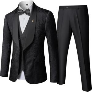 imageYND Mens 3 Piece Luxury Tuxedo Set Jacquard Slim Fit Shawl Lapel Jacket Vest ampamp Pants with Bow Tie Premium Tuxedo for MenGraphite
