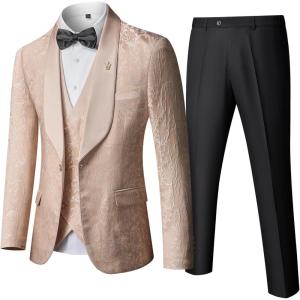 imageYND Mens 3 Piece Luxury Tuxedo Set Jacquard Slim Fit Shawl Lapel Jacket Vest ampamp Pants with Bow Tie Premium Tuxedo for MenLight Beige