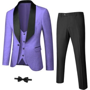 imageYND Mens 3 Piece Luxury Tuxedo Set Jacquard Slim Fit Shawl Lapel Jacket Vest ampamp Pants with Bow Tie Premium Tuxedo for MenLight Purple