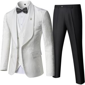 imageYND Mens 3 Piece Luxury Tuxedo Set Jacquard Slim Fit Shawl Lapel Jacket Vest ampamp Pants with Bow Tie Premium Tuxedo for MenNatural White