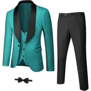 imageYND Mens 3 Piece Luxury Tuxedo Set Jacquard Slim Fit Shawl Lapel Jacket Vest ampamp Pants with Bow Tie Premium Tuxedo for MenPea Green