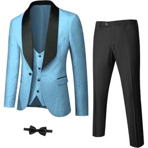 imageYND Mens 3 Piece Luxury Tuxedo Set Jacquard Slim Fit Shawl Lapel Jacket Vest ampamp Pants with Bow Tie Premium Tuxedo for MenSky