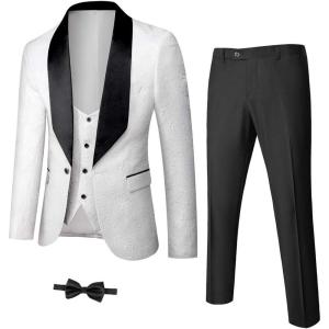 imageYND Mens 3 Piece Luxury Tuxedo Set Jacquard Slim Fit Shawl Lapel Jacket Vest ampamp Pants with Bow Tie Premium Tuxedo for MenWhite
