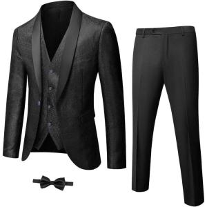 imageYND Mens 3 Piece Slim Fit Tuxedo Suit Set One Button Shawl Collar Floral Business Blazer Jacket Vest Pants with Bow TieBlack