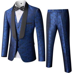 imageYND Mens 3 Piece Slim Fit Tuxedo Suit Set One Button Shawl Collar Floral Business Blazer Jacket Vest Pants with Bow TieBright Blue