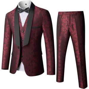 imageYND Mens 3 Piece Slim Fit Tuxedo Suit Set One Button Shawl Collar Floral Business Blazer Jacket Vest Pants with Bow TieBurgundy