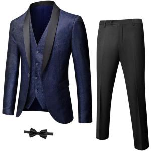 imageYND Mens 3 Piece Slim Fit Tuxedo Suit Set One Button Shawl Collar Floral Business Blazer Jacket Vest Pants with Bow TieDeep Blue