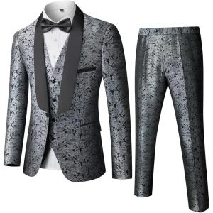 imageYND Mens 3 Piece Slim Fit Tuxedo Suit Set One Button Shawl Collar Floral Business Blazer Jacket Vest Pants with Bow TieDeep Grey