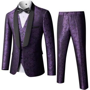 imageYND Mens 3 Piece Slim Fit Tuxedo Suit Set One Button Shawl Collar Floral Business Blazer Jacket Vest Pants with Bow TieDeep Purple