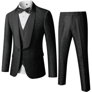 imageYND Mens 3 Piece Slim Fit Tuxedo Suit Set One Button Shawl Collar Floral Business Blazer Jacket Vest Pants with Bow TieGraphite