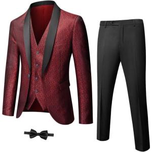 imageYND Mens 3 Piece Slim Fit Tuxedo Suit Set One Button Shawl Collar Floral Business Blazer Jacket Vest Pants with Bow TieRed