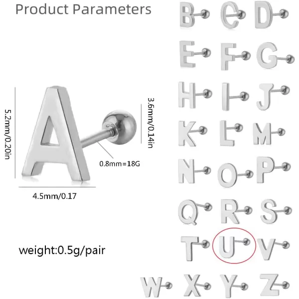 18G Tiny Initial Stud Earrings for Women Girls 925 Sterling Silver 14K Gold Plated Hypoallergenic Cute Small Alphabet Letter Cartilage Tragus 3mm Ball Screw Back Piercing Sensitive EarU Silver