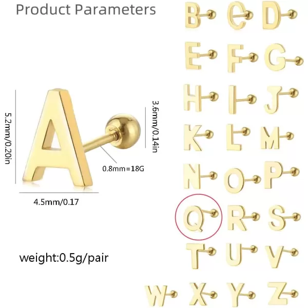 18G Tiny Initial Stud Earrings for Women Girls 925 Sterling Silver 14K Gold Plated Hypoallergenic Cute Small Alphabet Letter Cartilage Tragus 3mm Ball Screw Back Piercing Sensitive EarQ Gold