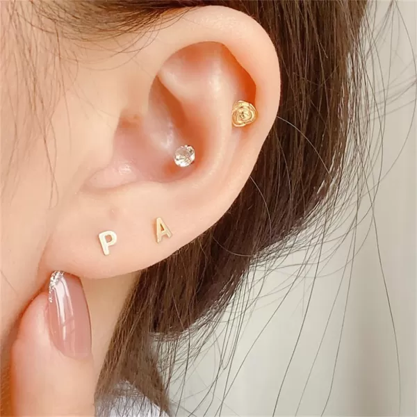 18G Tiny Initial Stud Earrings for Women Girls 925 Sterling Silver 14K Gold Plated Hypoallergenic Cute Small Alphabet Letter Cartilage Tragus 3mm Ball Screw Back Piercing Sensitive EarP Gold
