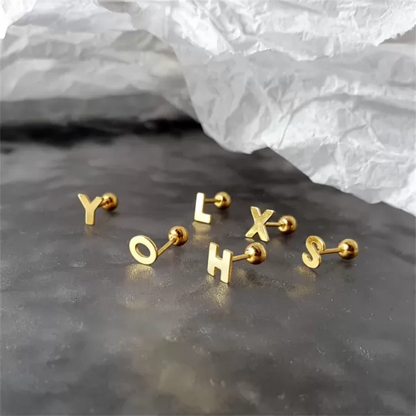 18G Tiny Initial Stud Earrings for Women Girls 925 Sterling Silver 14K Gold Plated Hypoallergenic Cute Small Alphabet Letter Cartilage Tragus 3mm Ball Screw Back Piercing Sensitive EarX Gold