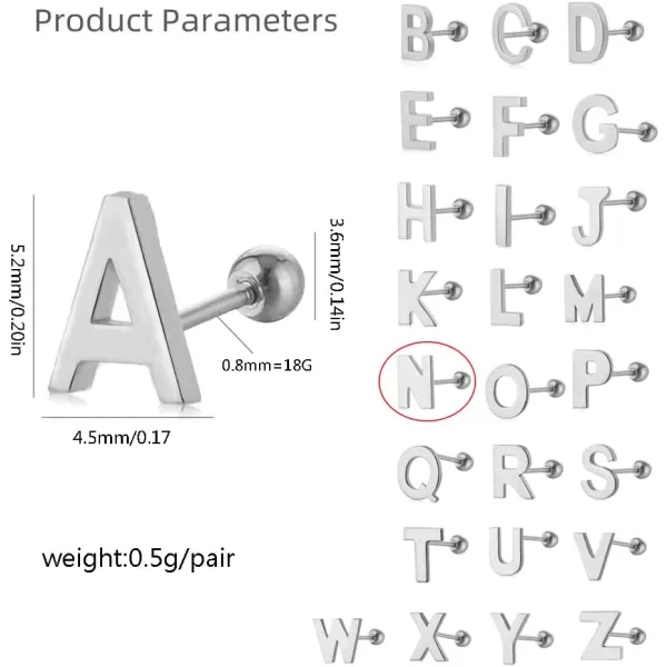 18G Tiny Initial Stud Earrings for Women Girls 925 Sterling Silver 14K Gold Plated Hypoallergenic Cute Small Alphabet Letter Cartilage Tragus 3mm Ball Screw Back Piercing Sensitive EarN Silver