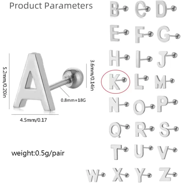 18G Tiny Initial Stud Earrings for Women Girls 925 Sterling Silver 14K Gold Plated Hypoallergenic Cute Small Alphabet Letter Cartilage Tragus 3mm Ball Screw Back Piercing Sensitive EarK Silver