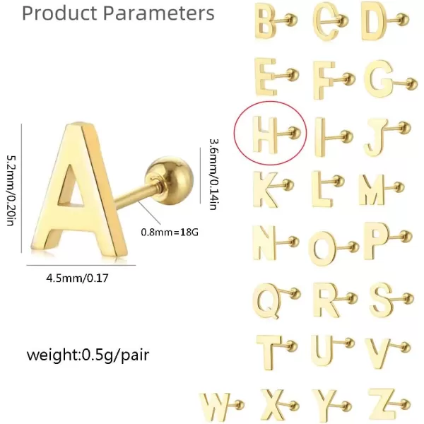 18G Tiny Initial Stud Earrings for Women Girls 925 Sterling Silver 14K Gold Plated Hypoallergenic Cute Small Alphabet Letter Cartilage Tragus 3mm Ball Screw Back Piercing Sensitive EarH Gold