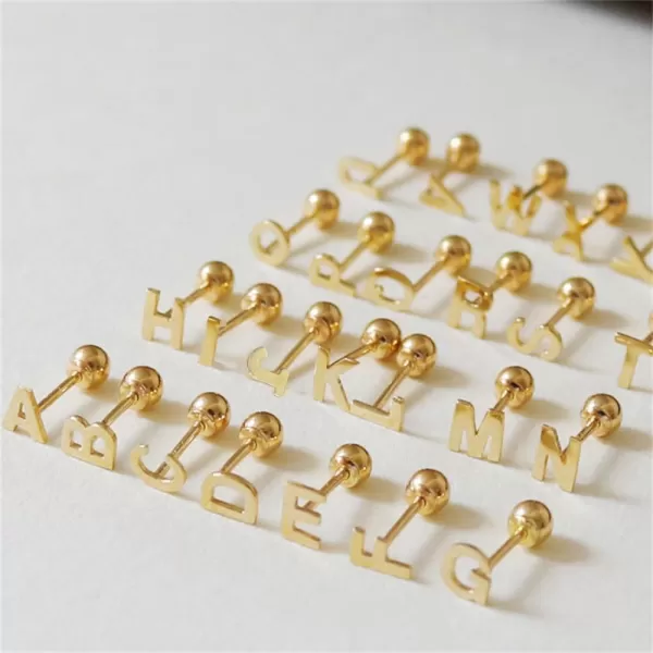 18G Tiny Initial Stud Earrings for Women Girls 925 Sterling Silver 14K Gold Plated Hypoallergenic Cute Small Alphabet Letter Cartilage Tragus 3mm Ball Screw Back Piercing Sensitive EarV Gold