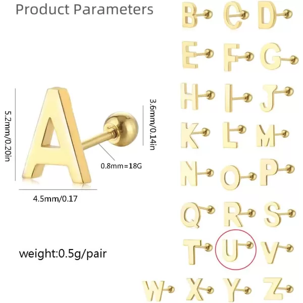 18G Tiny Initial Stud Earrings for Women Girls 925 Sterling Silver 14K Gold Plated Hypoallergenic Cute Small Alphabet Letter Cartilage Tragus 3mm Ball Screw Back Piercing Sensitive EarU Gold