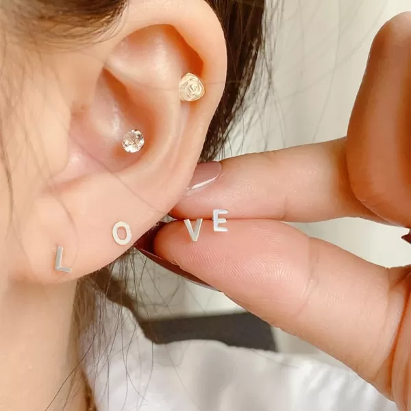 18G Tiny Initial Stud Earrings for Women Girls 925 Sterling Silver 14K Gold Plated Hypoallergenic Cute Small Alphabet Letter Cartilage Tragus 3mm Ball Screw Back Piercing Sensitive EarO Silver