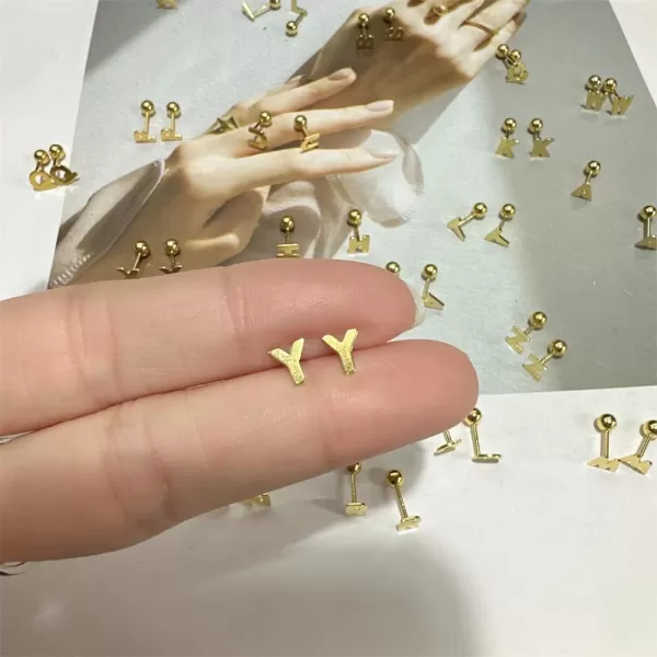 18G Tiny Initial Stud Earrings for Women Girls 925 Sterling Silver 14K Gold Plated Hypoallergenic Cute Small Alphabet Letter Cartilage Tragus 3mm Ball Screw Back Piercing Sensitive EarY Gold