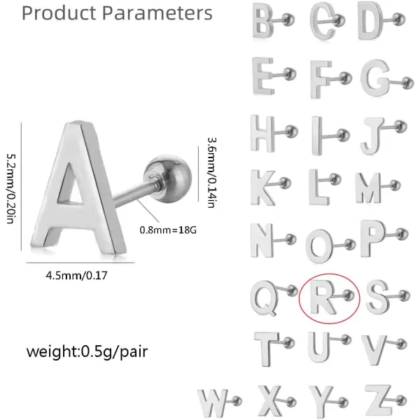 18G Tiny Initial Stud Earrings for Women Girls 925 Sterling Silver 14K Gold Plated Hypoallergenic Cute Small Alphabet Letter Cartilage Tragus 3mm Ball Screw Back Piercing Sensitive EarR Silver