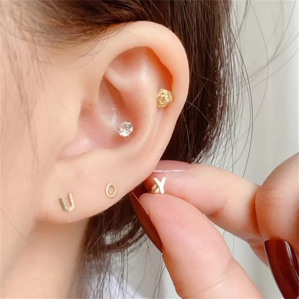 18G Tiny Initial Stud Earrings for Women Girls 925 Sterling Silver 14K Gold Plated Hypoallergenic Cute Small Alphabet Letter Cartilage Tragus 3mm Ball Screw Back Piercing Sensitive EarY Gold