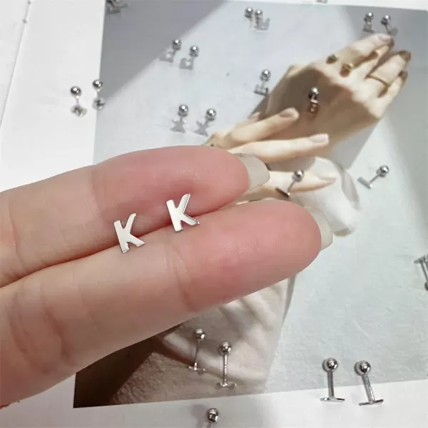18G Tiny Initial Stud Earrings for Women Girls 925 Sterling Silver 14K Gold Plated Hypoallergenic Cute Small Alphabet Letter Cartilage Tragus 3mm Ball Screw Back Piercing Sensitive EarK Silver