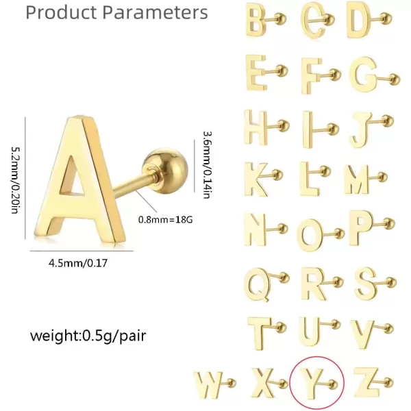 18G Tiny Initial Stud Earrings for Women Girls 925 Sterling Silver 14K Gold Plated Hypoallergenic Cute Small Alphabet Letter Cartilage Tragus 3mm Ball Screw Back Piercing Sensitive EarY Gold