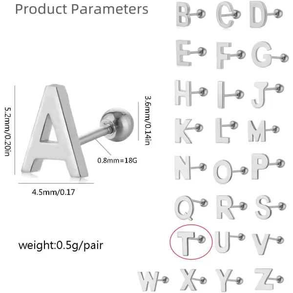 18G Tiny Initial Stud Earrings for Women Girls 925 Sterling Silver 14K Gold Plated Hypoallergenic Cute Small Alphabet Letter Cartilage Tragus 3mm Ball Screw Back Piercing Sensitive EarT Silver
