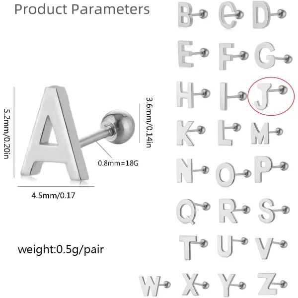 18G Tiny Initial Stud Earrings for Women Girls 925 Sterling Silver 14K Gold Plated Hypoallergenic Cute Small Alphabet Letter Cartilage Tragus 3mm Ball Screw Back Piercing Sensitive EarJ Silver