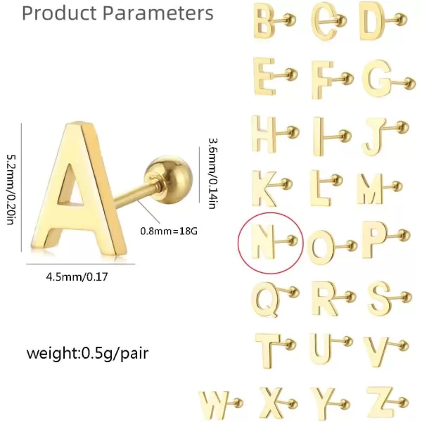18G Tiny Initial Stud Earrings for Women Girls 925 Sterling Silver 14K Gold Plated Hypoallergenic Cute Small Alphabet Letter Cartilage Tragus 3mm Ball Screw Back Piercing Sensitive EarN Gold