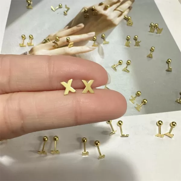 18G Tiny Initial Stud Earrings for Women Girls 925 Sterling Silver 14K Gold Plated Hypoallergenic Cute Small Alphabet Letter Cartilage Tragus 3mm Ball Screw Back Piercing Sensitive EarX Gold