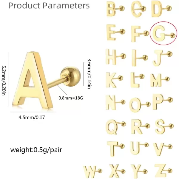 18G Tiny Initial Stud Earrings for Women Girls 925 Sterling Silver 14K Gold Plated Hypoallergenic Cute Small Alphabet Letter Cartilage Tragus 3mm Ball Screw Back Piercing Sensitive EarG Gold