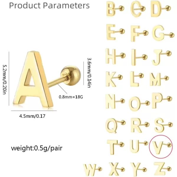 18G Tiny Initial Stud Earrings for Women Girls 925 Sterling Silver 14K Gold Plated Hypoallergenic Cute Small Alphabet Letter Cartilage Tragus 3mm Ball Screw Back Piercing Sensitive EarV Gold