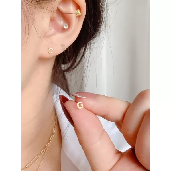 18G Tiny Initial Stud Earrings for Women Girls 925 Sterling Silver 14K Gold Plated Hypoallergenic Cute Small Alphabet Letter Cartilage Tragus 3mm Ball Screw Back Piercing Sensitive EarG Gold
