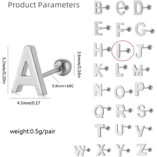 18G Tiny Initial Stud Earrings for Women Girls 925 Sterling Silver 14K Gold Plated Hypoallergenic Cute Small Alphabet Letter Cartilage Tragus 3mm Ball Screw Back Piercing Sensitive EarI Silver