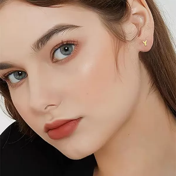 18G Tiny Initial Stud Earrings for Women Girls 925 Sterling Silver 14K Gold Plated Hypoallergenic Cute Small Alphabet Letter Cartilage Tragus 3mm Ball Screw Back Piercing Sensitive EarY Gold