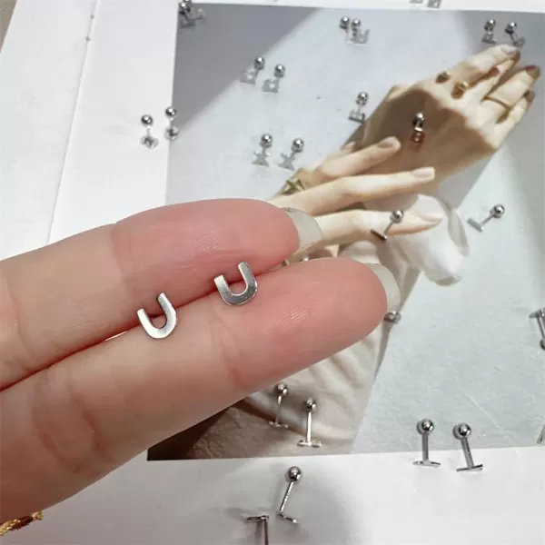 18G Tiny Initial Stud Earrings for Women Girls 925 Sterling Silver 14K Gold Plated Hypoallergenic Cute Small Alphabet Letter Cartilage Tragus 3mm Ball Screw Back Piercing Sensitive EarU Silver