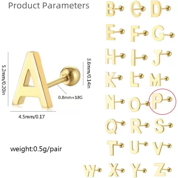 18G Tiny Initial Stud Earrings for Women Girls 925 Sterling Silver 14K Gold Plated Hypoallergenic Cute Small Alphabet Letter Cartilage Tragus 3mm Ball Screw Back Piercing Sensitive EarP Gold