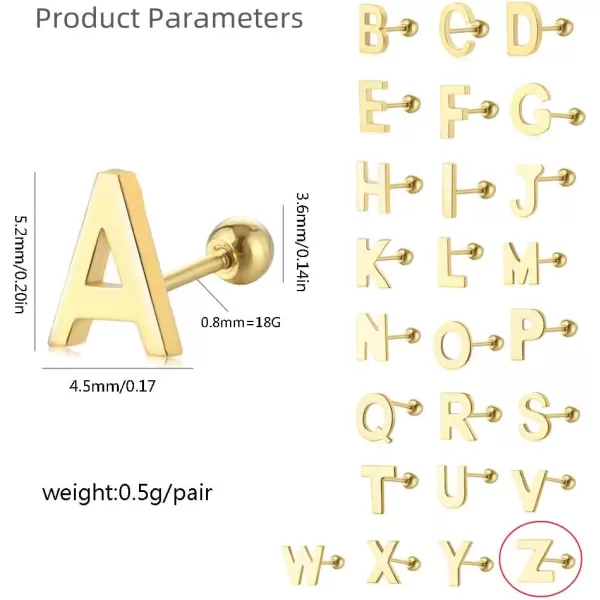 18G Tiny Initial Stud Earrings for Women Girls 925 Sterling Silver 14K Gold Plated Hypoallergenic Cute Small Alphabet Letter Cartilage Tragus 3mm Ball Screw Back Piercing Sensitive EarZ Gold