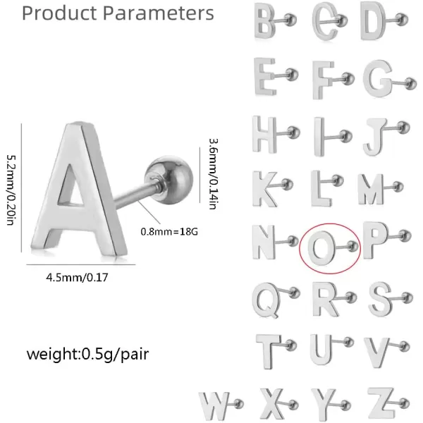 18G Tiny Initial Stud Earrings for Women Girls 925 Sterling Silver 14K Gold Plated Hypoallergenic Cute Small Alphabet Letter Cartilage Tragus 3mm Ball Screw Back Piercing Sensitive EarO Silver